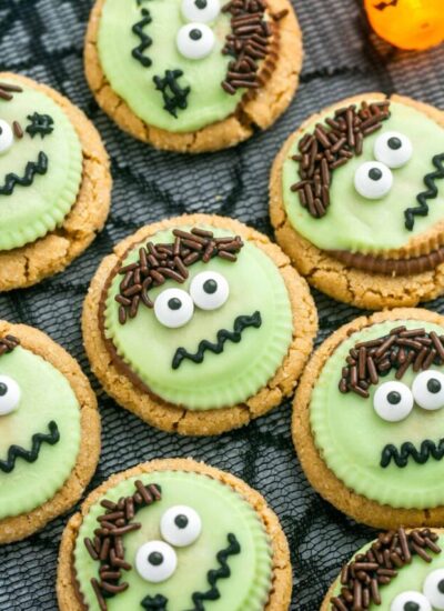 Overhead shot of Frankenstein Peanut Butter Cookies on a black background