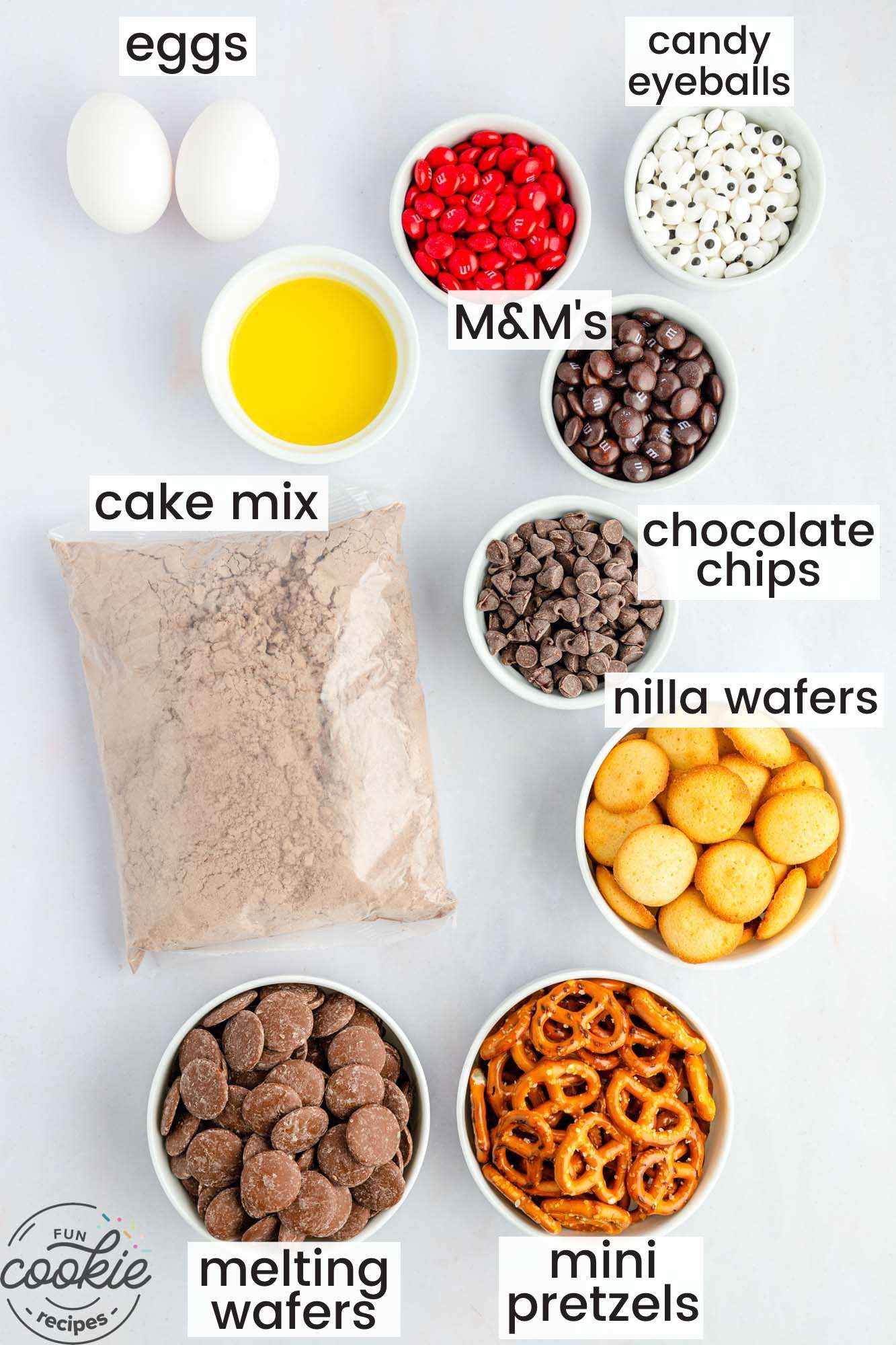 Ingredients needed for making chocolate reindeer cookies with cake mix