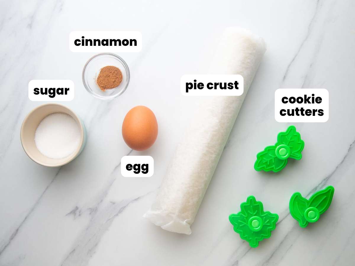 a packaged pie crust, an egg, sugar, and cinnamon on a counter with small leaf shaped cookie cutters. Each ingredient in labeled with a white text box