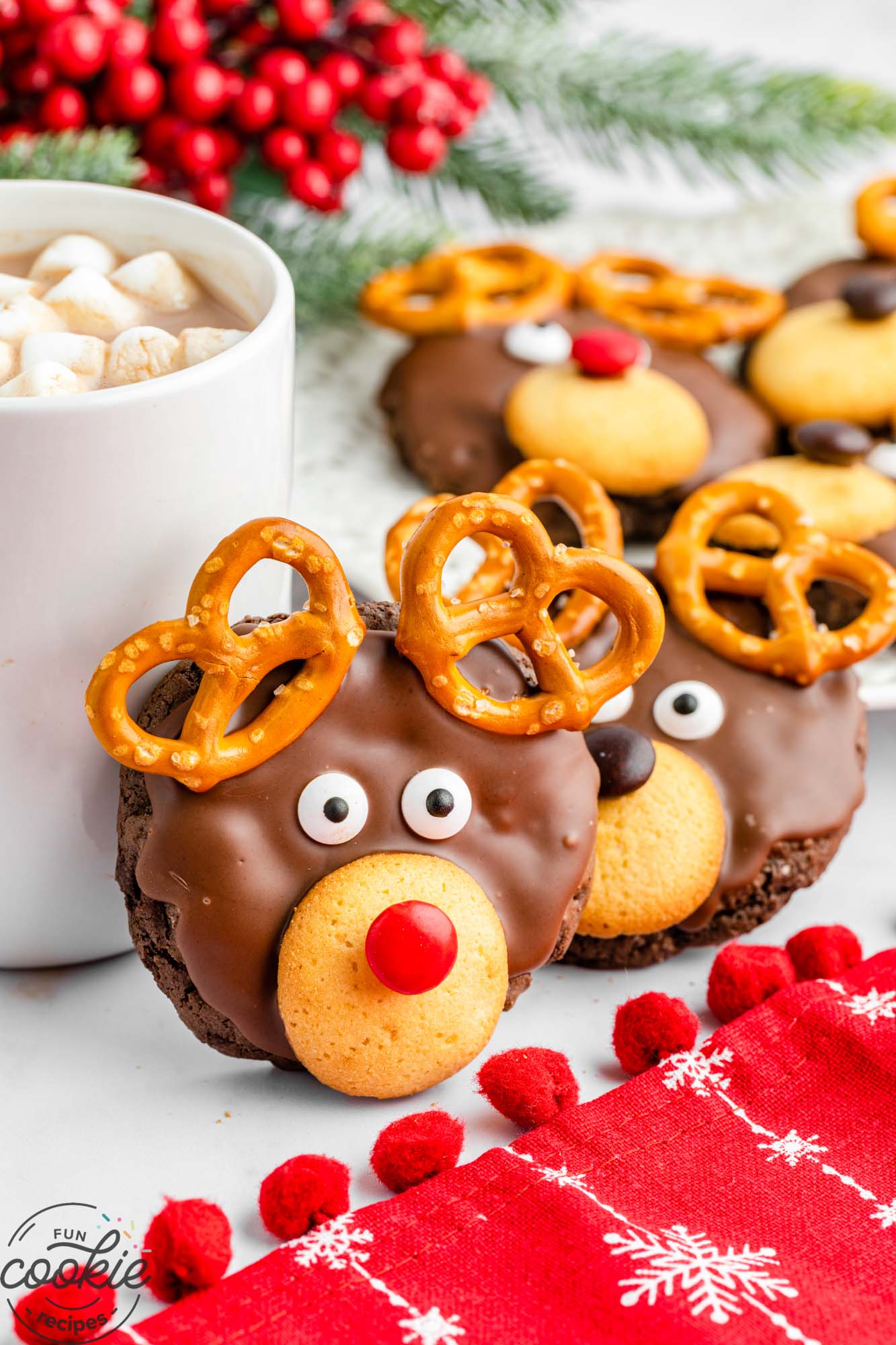A reindeer cookie with a mug of hot chocolate in the background