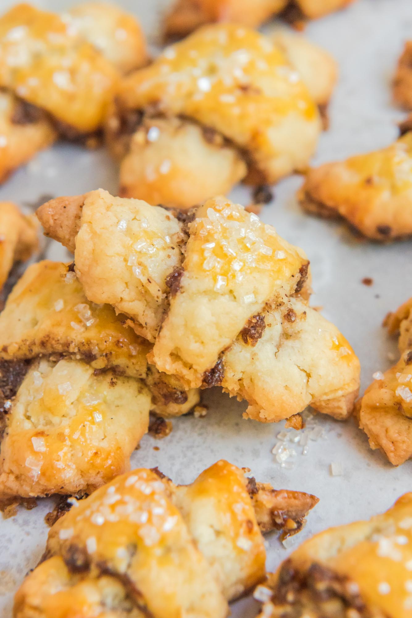Rugelach on a baking sheet.