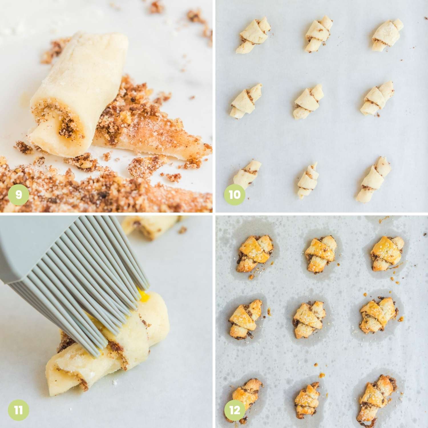 a collage of four images numbered 9-12 that show how to roll and bake rugelach