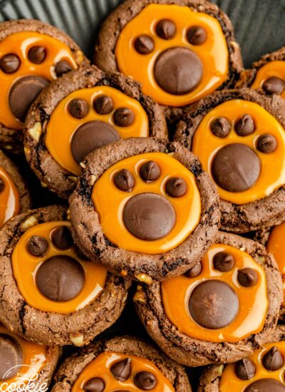 Overhead shot of caramel and chocolate bear paw cookies
