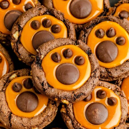 Overhead shot of caramel and chocolate bear paw cookies