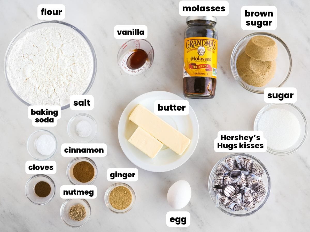 Ingredients needed to make gingerbread kiss cookies