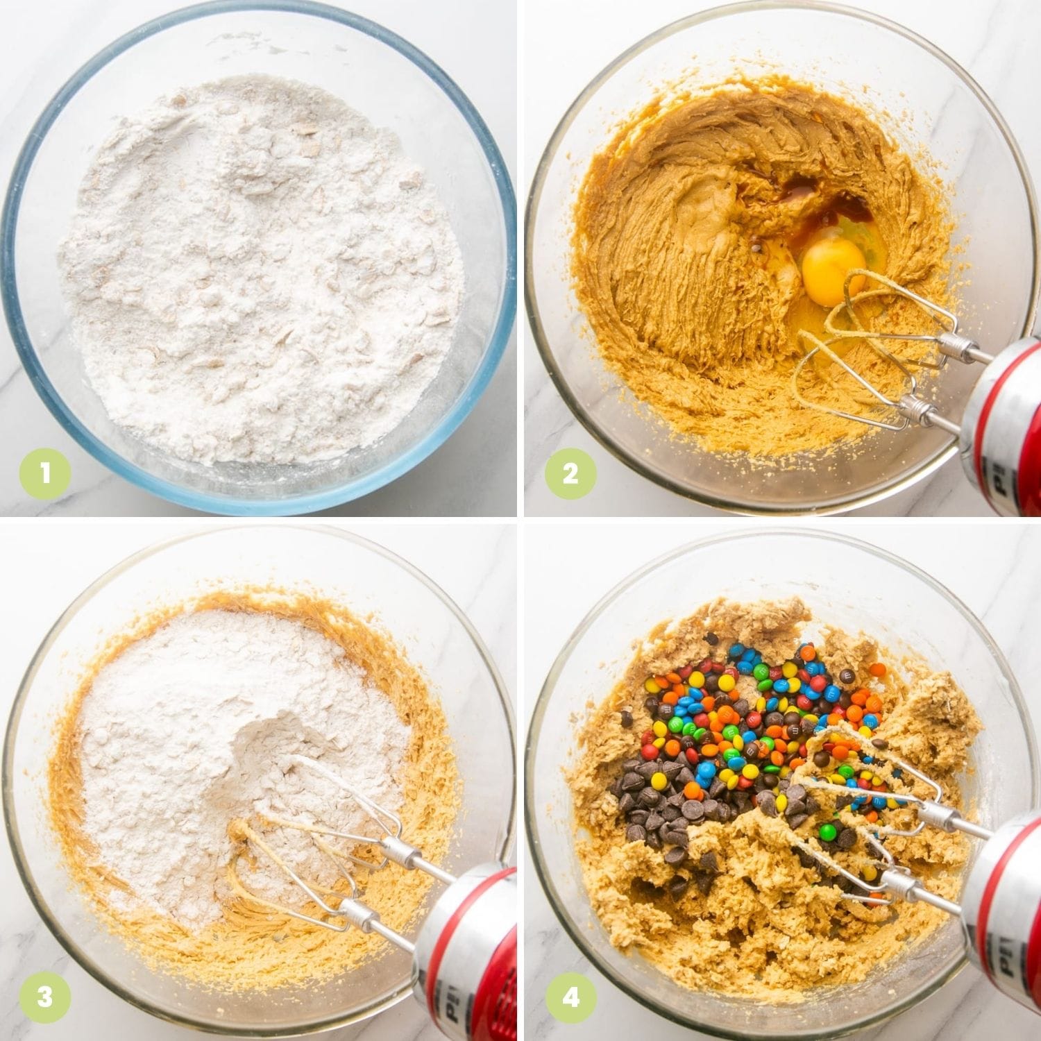 Collage of four images showing how to make monster cookie dough