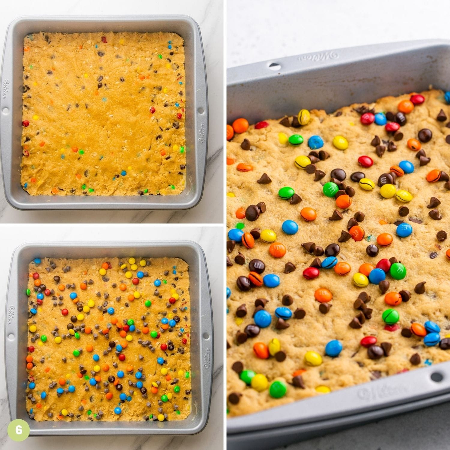 Collage of three images showing how to bake monster cookie bars