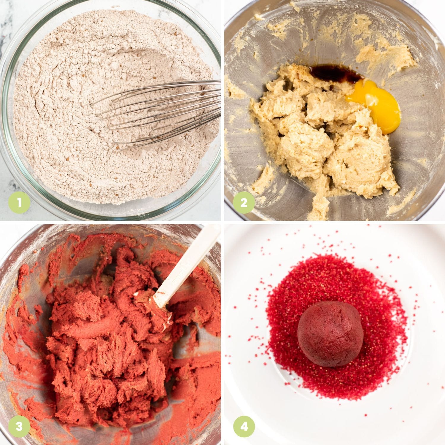 Collage of four images showing how to make red velvet thumbprint cookie dough