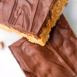 top down view of square scotcheroo rice krispie bars