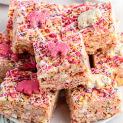 Circus Animal Cookies Rice Krispie Treats served on a white plate