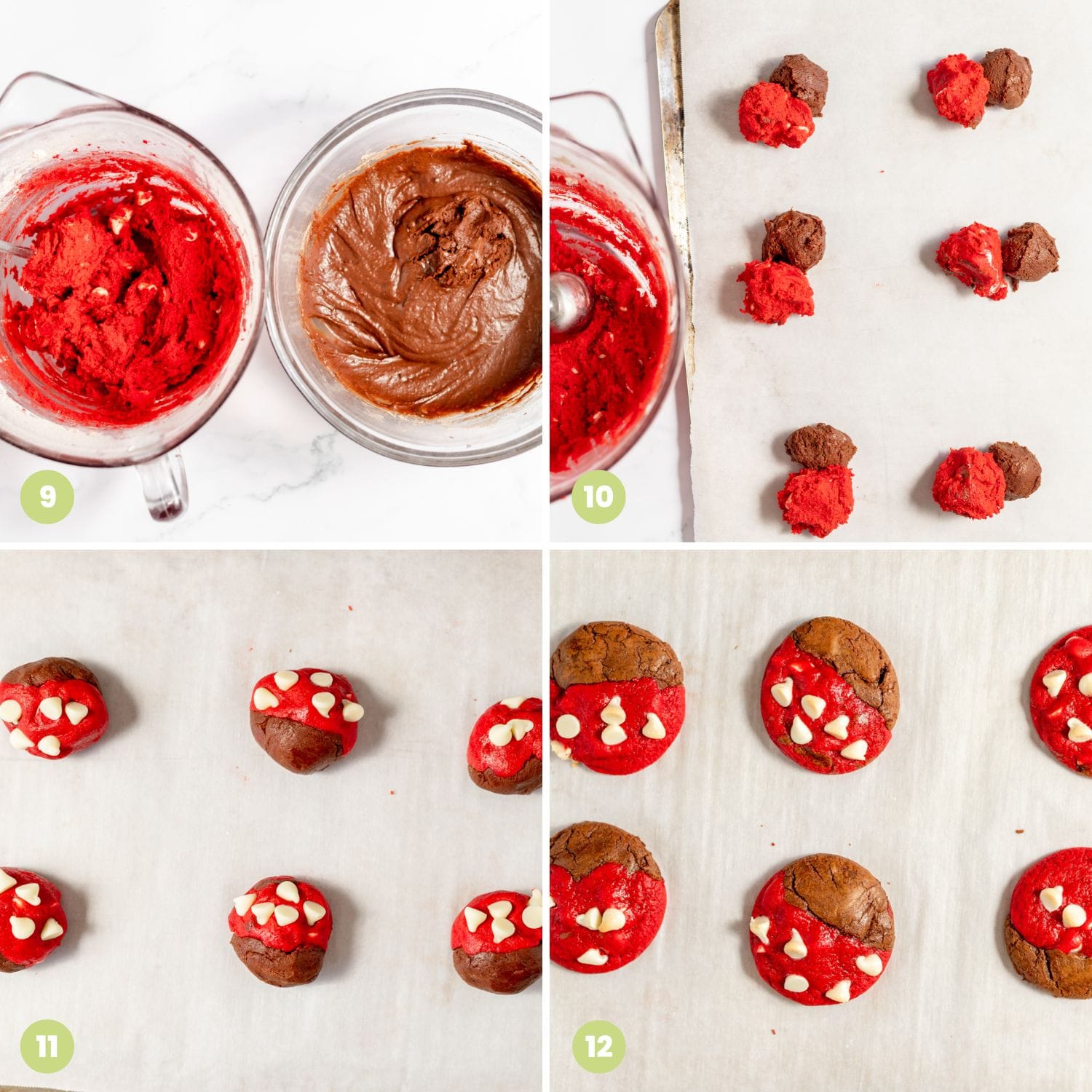 a collage of images showing how to combine brownie and red velvet cookie doughs into red and brown brookies with white chocolate chips