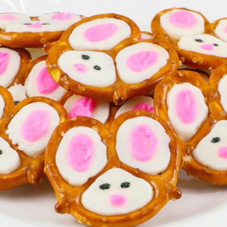 Bunny pretzels on a white plate