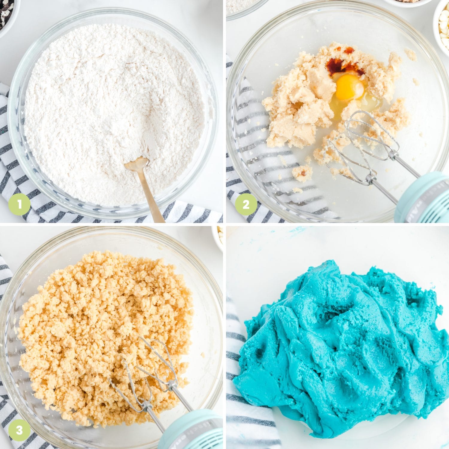 A collage of four images showing how to make cookie monster cookies.