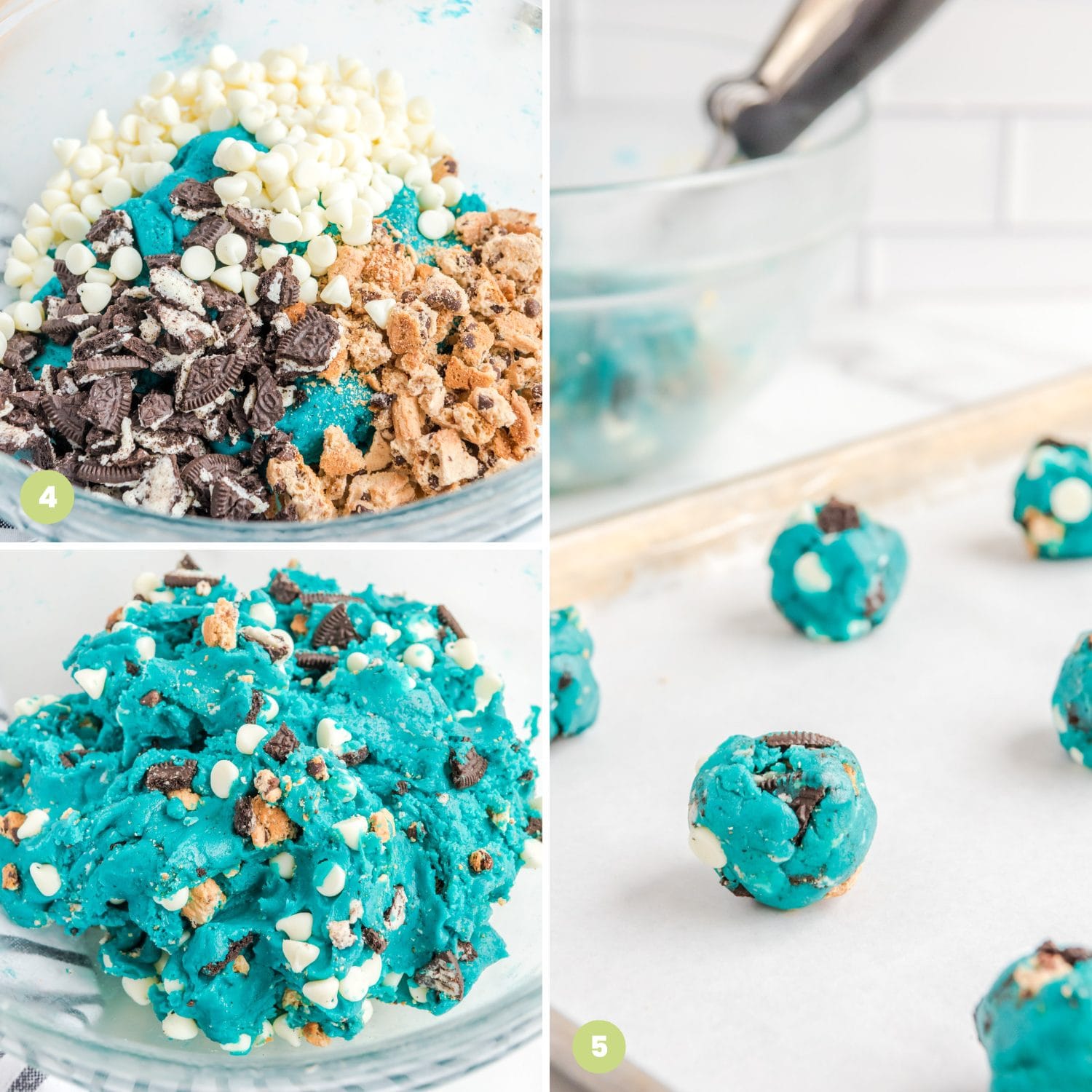 a collage of four images showing how to make the dough for cookie monster cookies