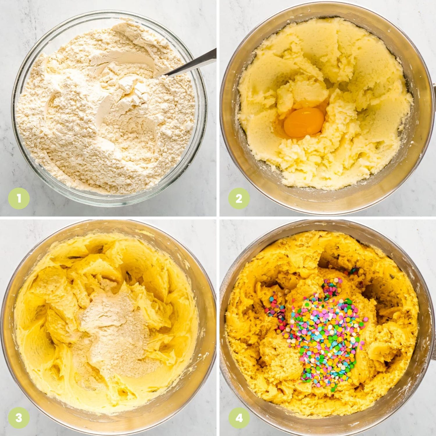 a collage of four images showing how to make sugar cookie bars with confetti sprinkles.