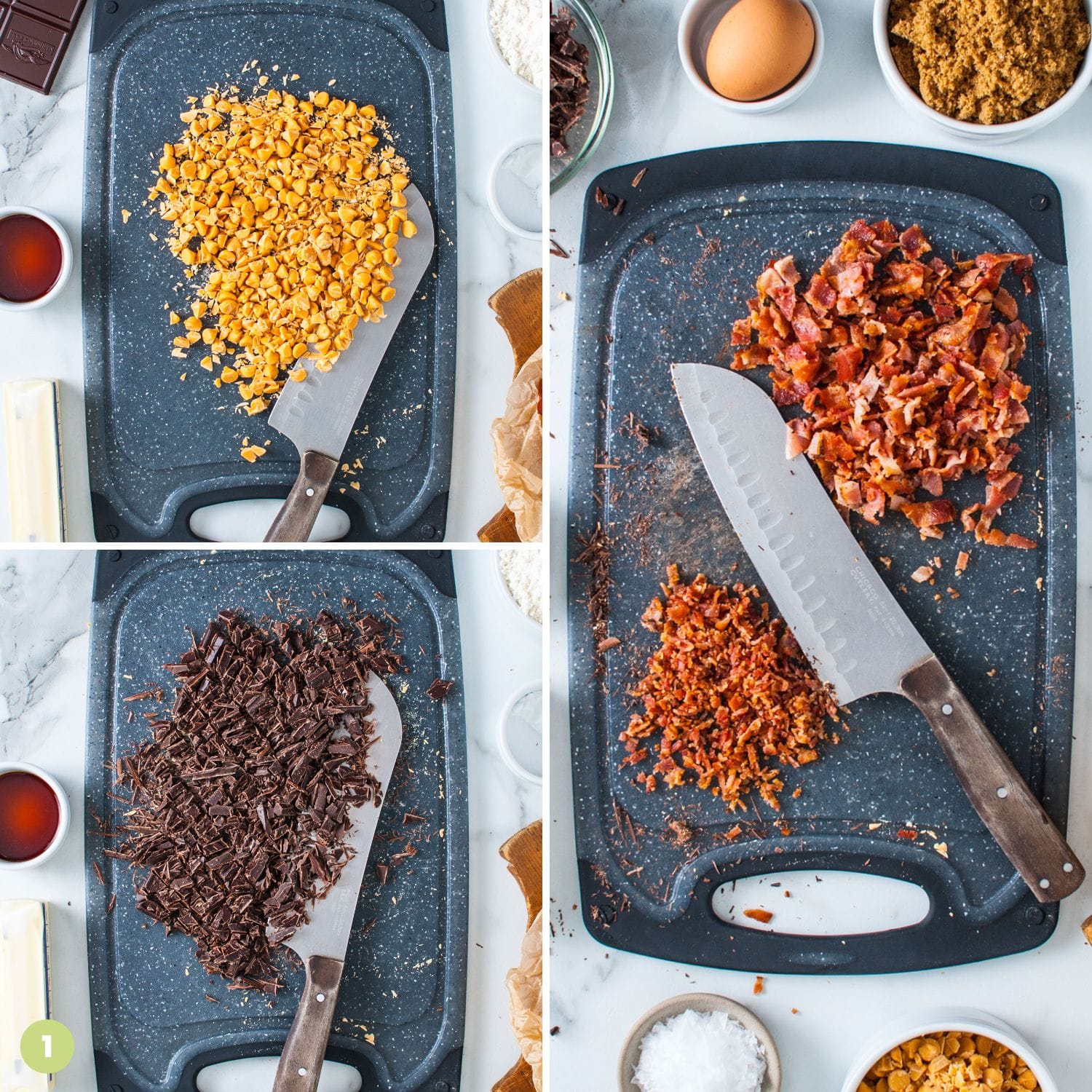 a collage of images showing how to prep chocolate, butterscotch chips and bacon into pieces to add to cookies.