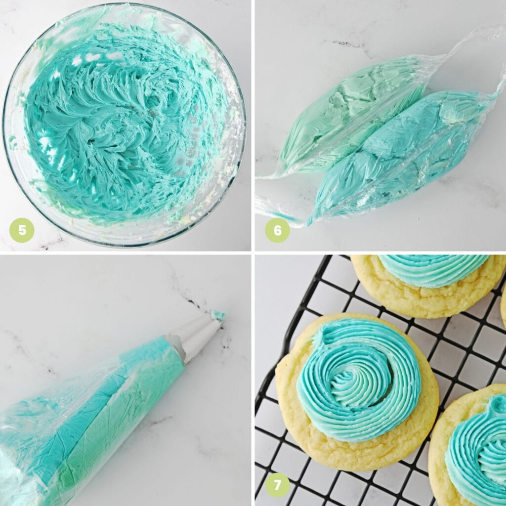 a collage of four images showing how to make blue frosting and use it to decorate sugar cookies.