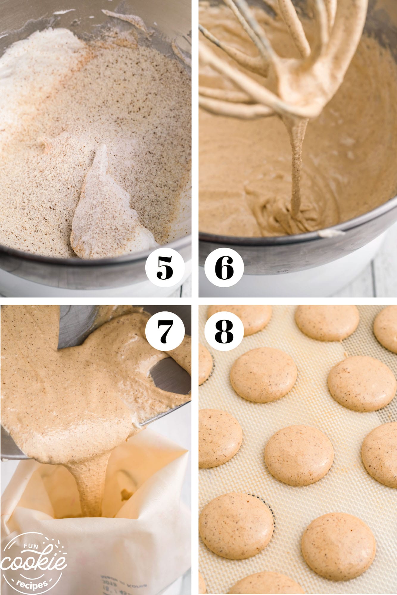 Collage of four images showing how to make coffee macaron shells