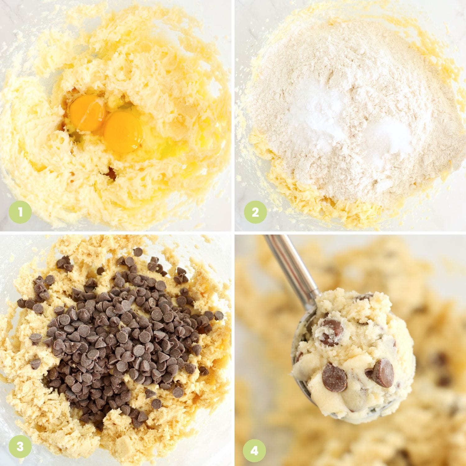 a collage of four images showing how to make chocolate chip cookie dough without brown sugar