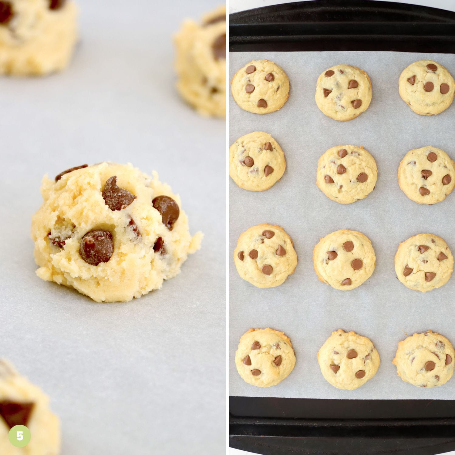 two images showing how to drop and bake chocolate chip cookies with no brown sugar in them.