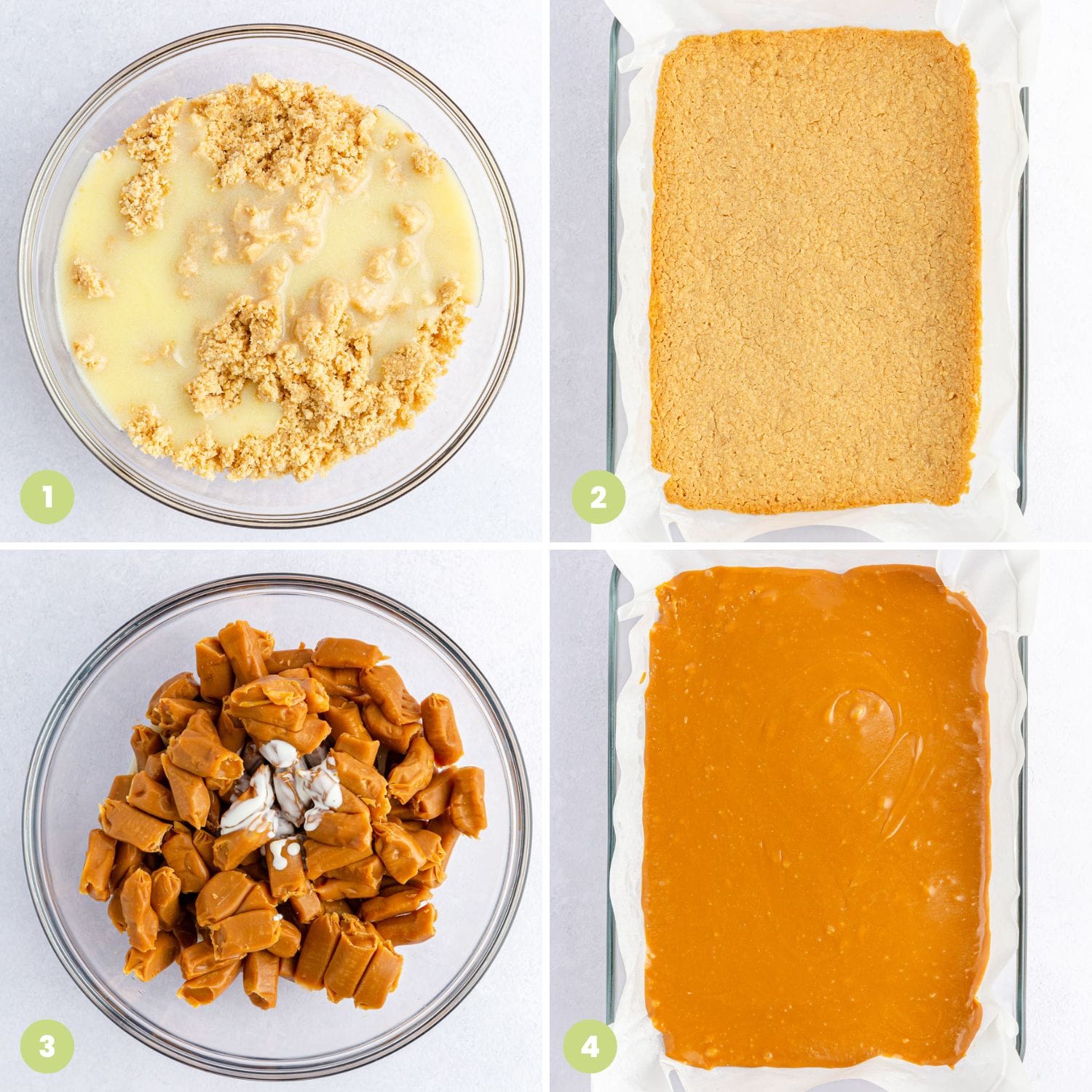 Collage of four images showing how to make homemade Twix bars