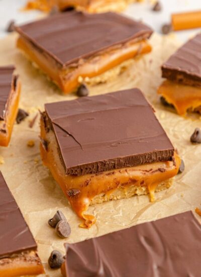 One homemade twix bar placed on parchment paper