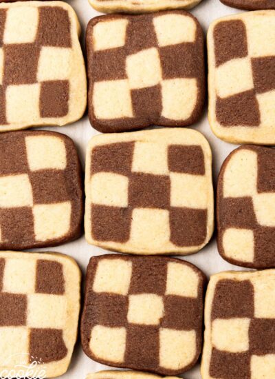 rows of square checkerboard cookies with borders.