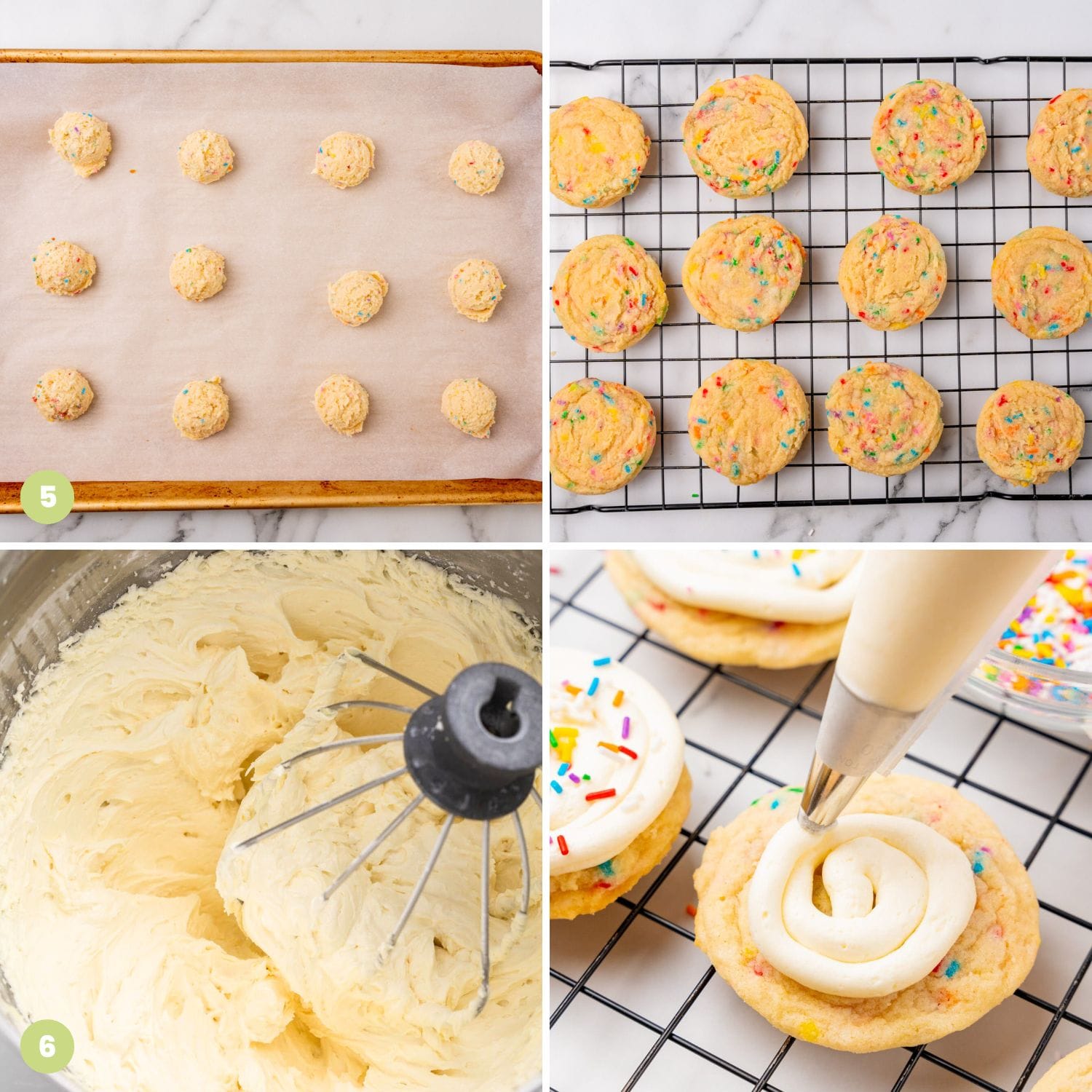 A collage of images showing how to bake birthday cake cookies and make frosting for them.