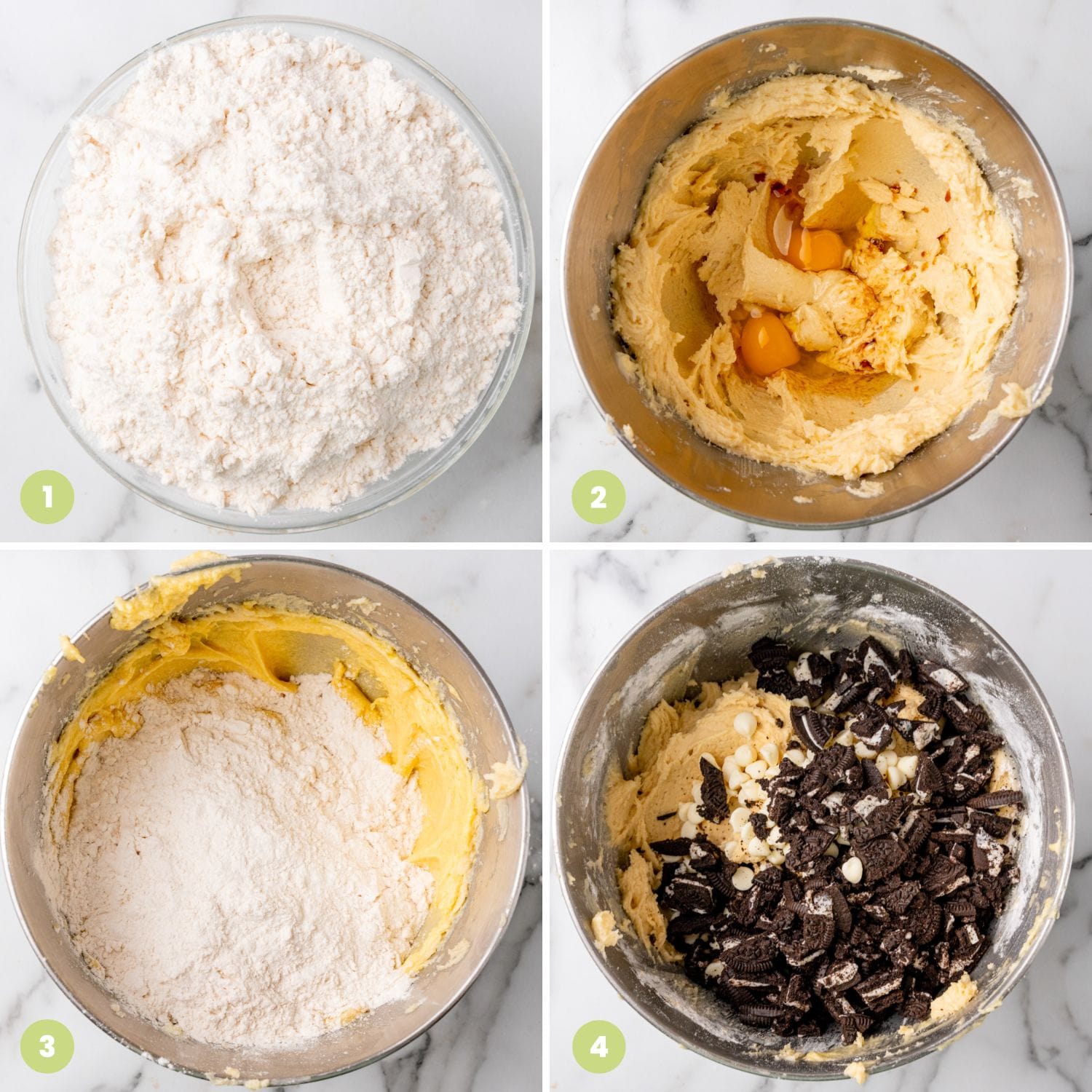 a collage of four images showing how to make cookies and cream cookie dough.