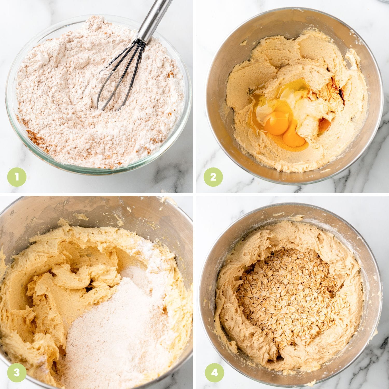 a 4 photo collage showing how to make dough for chewy oatmeal cookies.