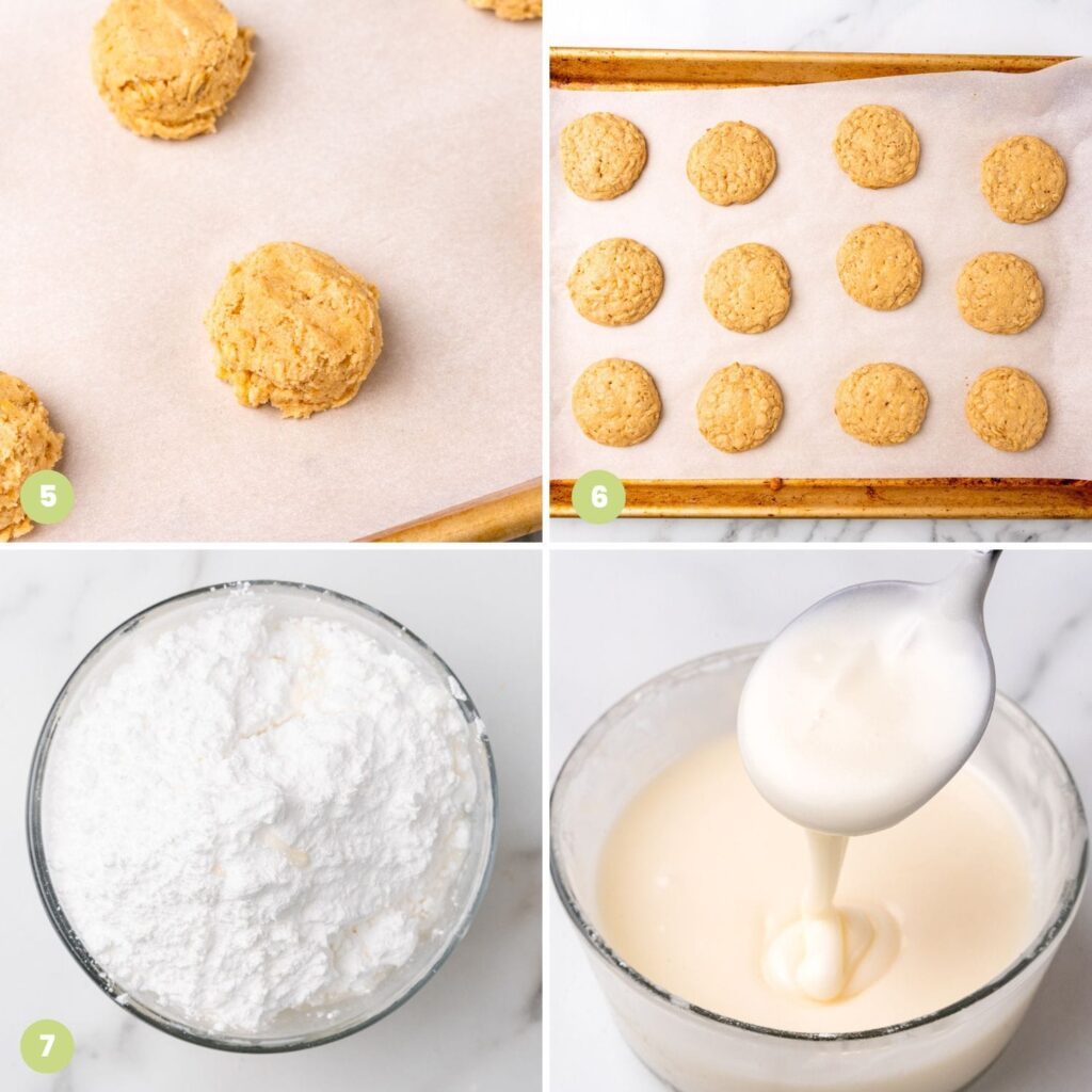 a collage of four photos showing how to bake oatmeal cookies and making icing for them.