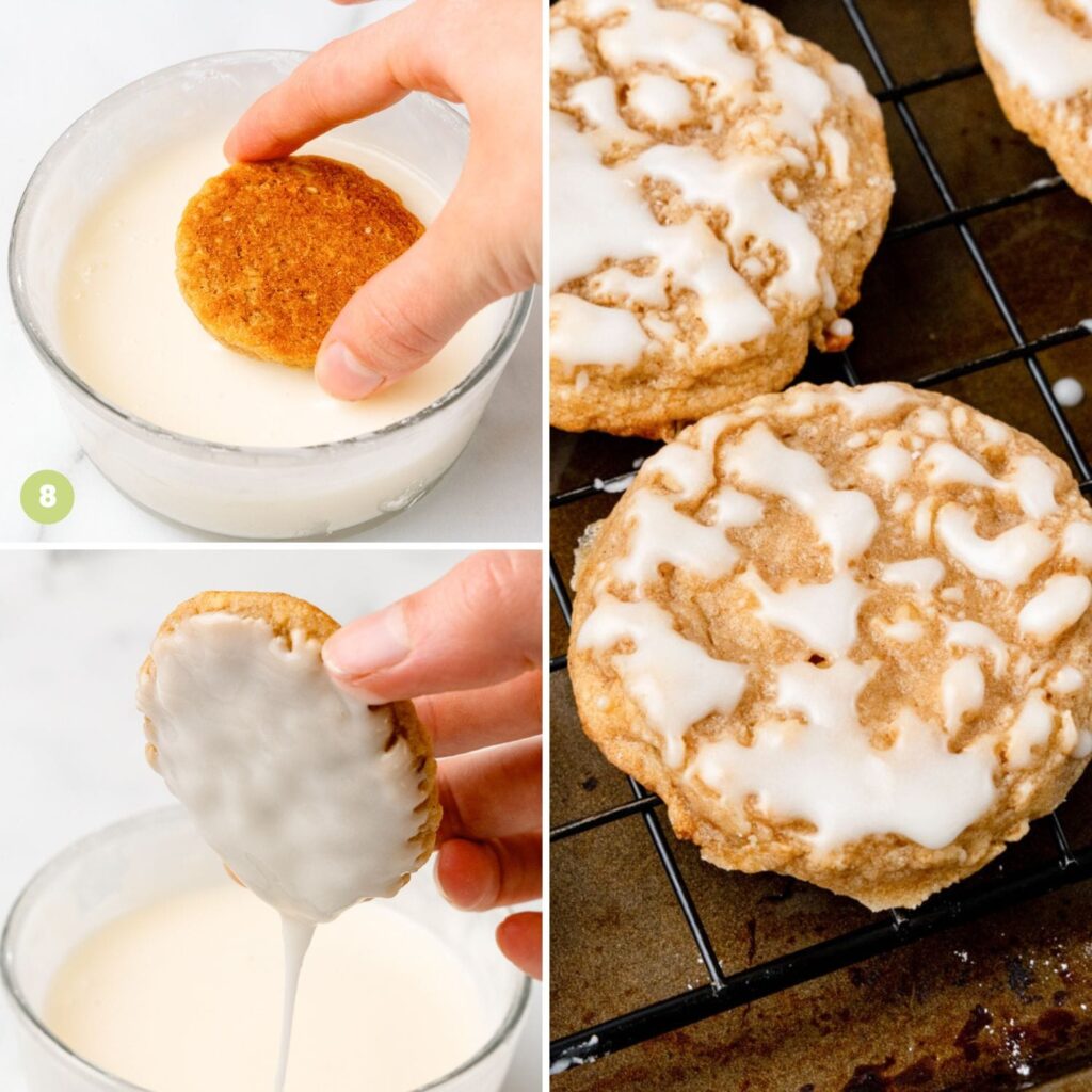 three photos showing how to dip oatmeal cookies into smooth icing.