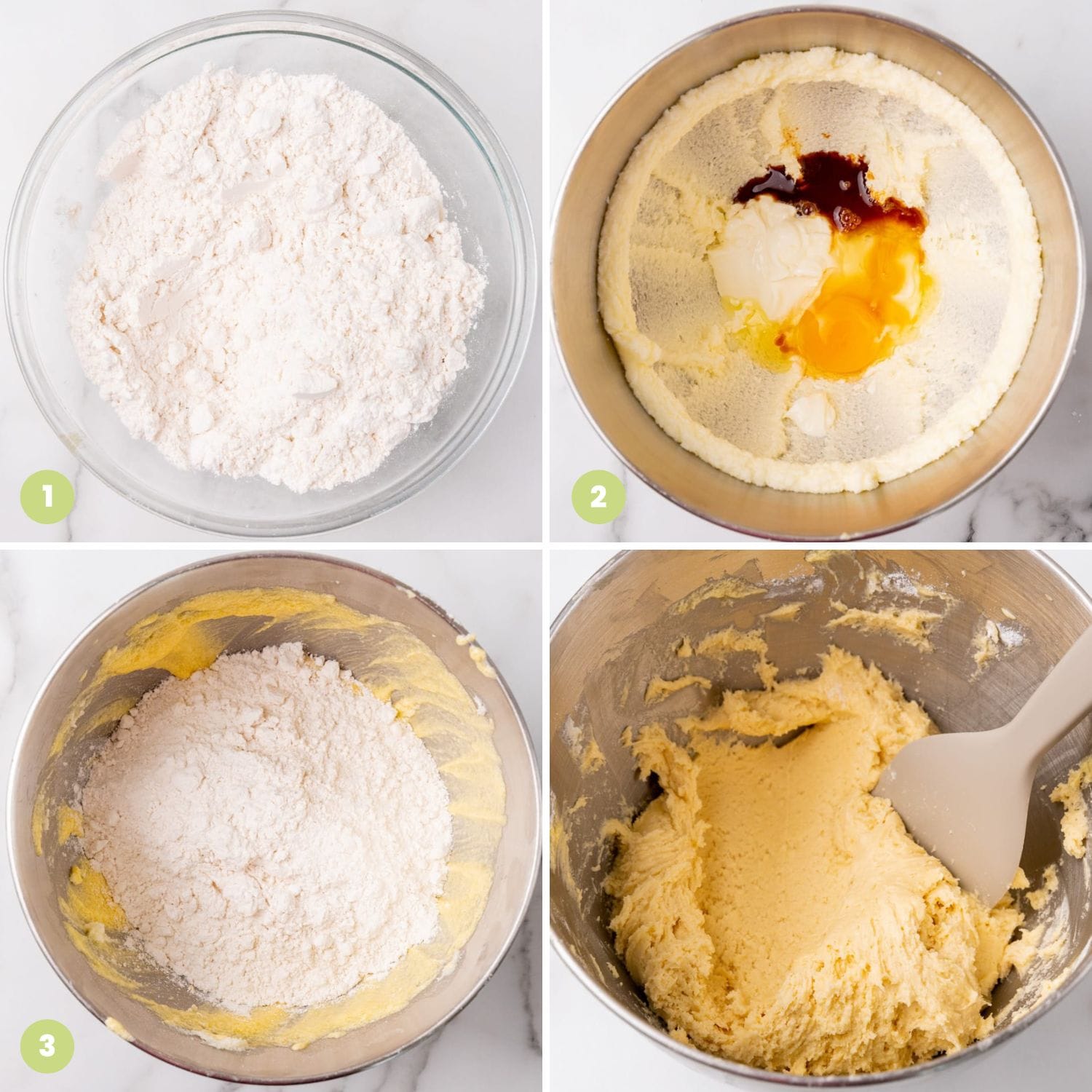 a collage of four images showing how to make the dough for lofthouse cookies.