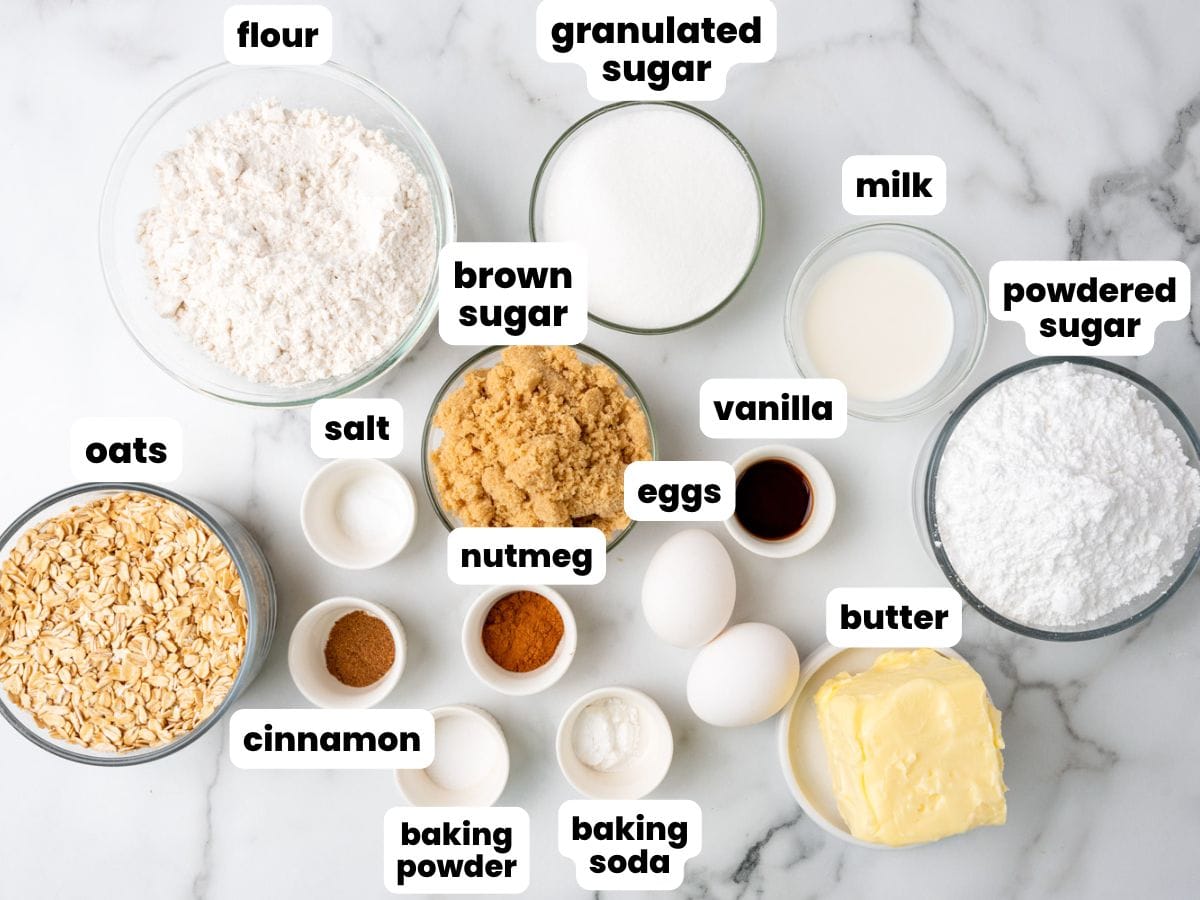 The ingredients needed to make old fashioned iced oatmeal cookies. 