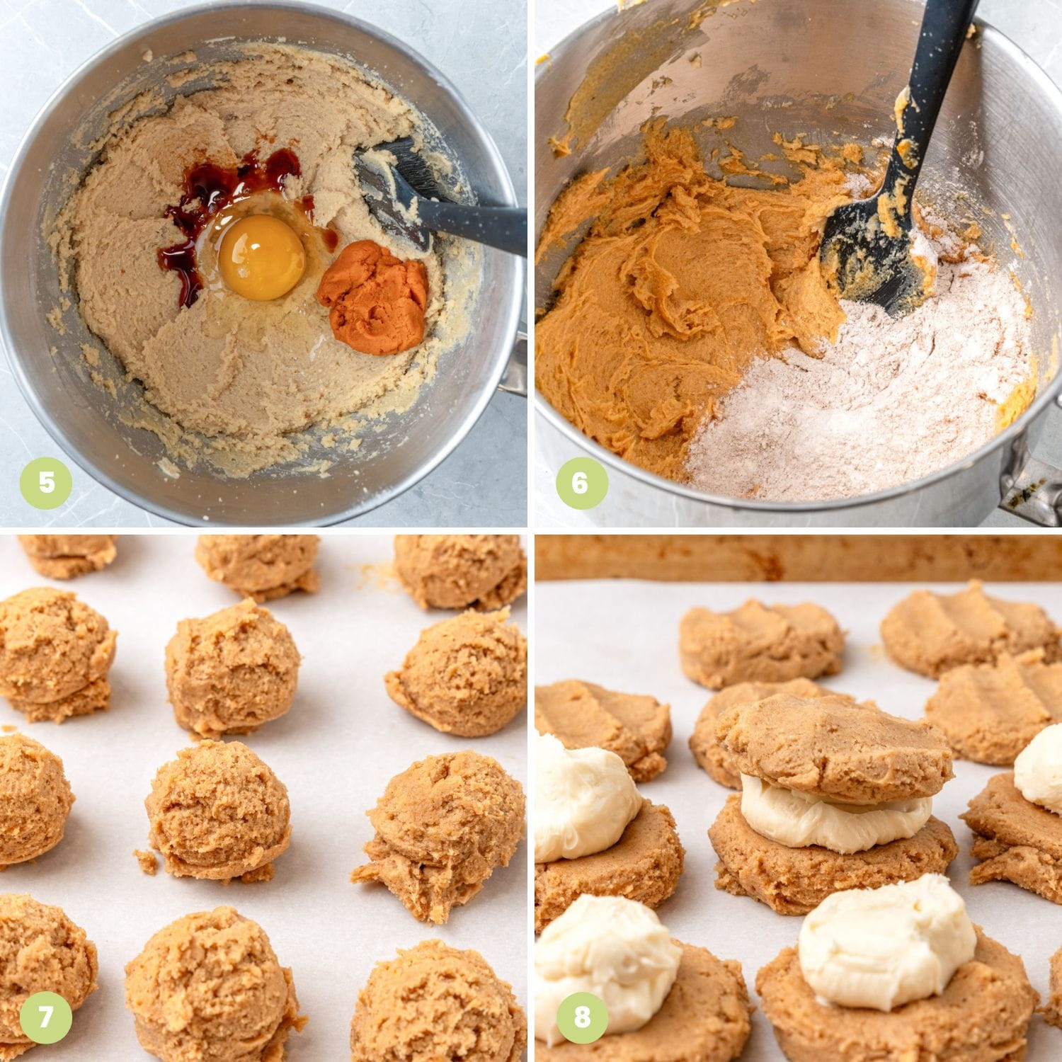 A collage of four images showing how to make pumpkin cookie dough, portion it, and stuff it with cheesecake filling.