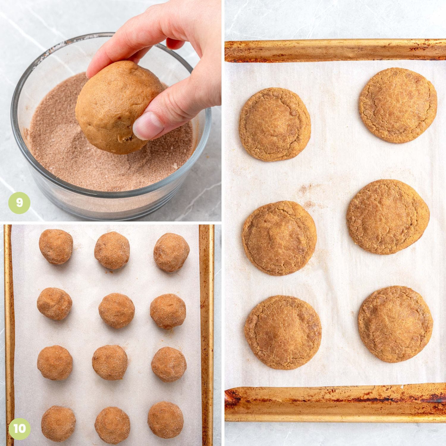 A collage of images showing how to bake pumpkin cheesecake cookies that have been rolled in cinnamon sugar