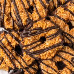 round samoa cookies topped with caramel and coconut and drizzled with dark chocolate, on a plate, viewed from overhead