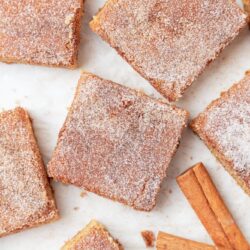 Square pieces of snickerdoodle cookie bars on a white surface next to cinnamon sticks.