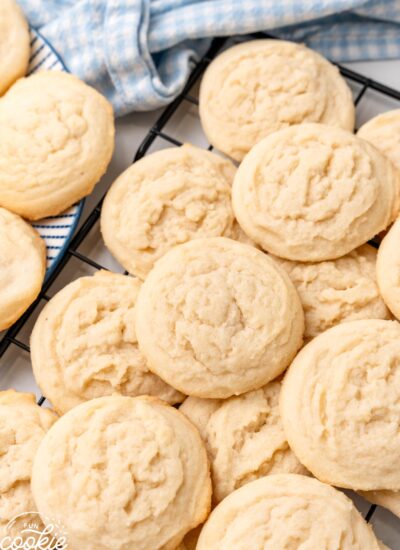 baked amish sugar cookies on a wire rack.