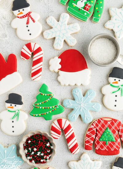 Overhead shot of decorated christmas sugar cookies in different shapes and colors